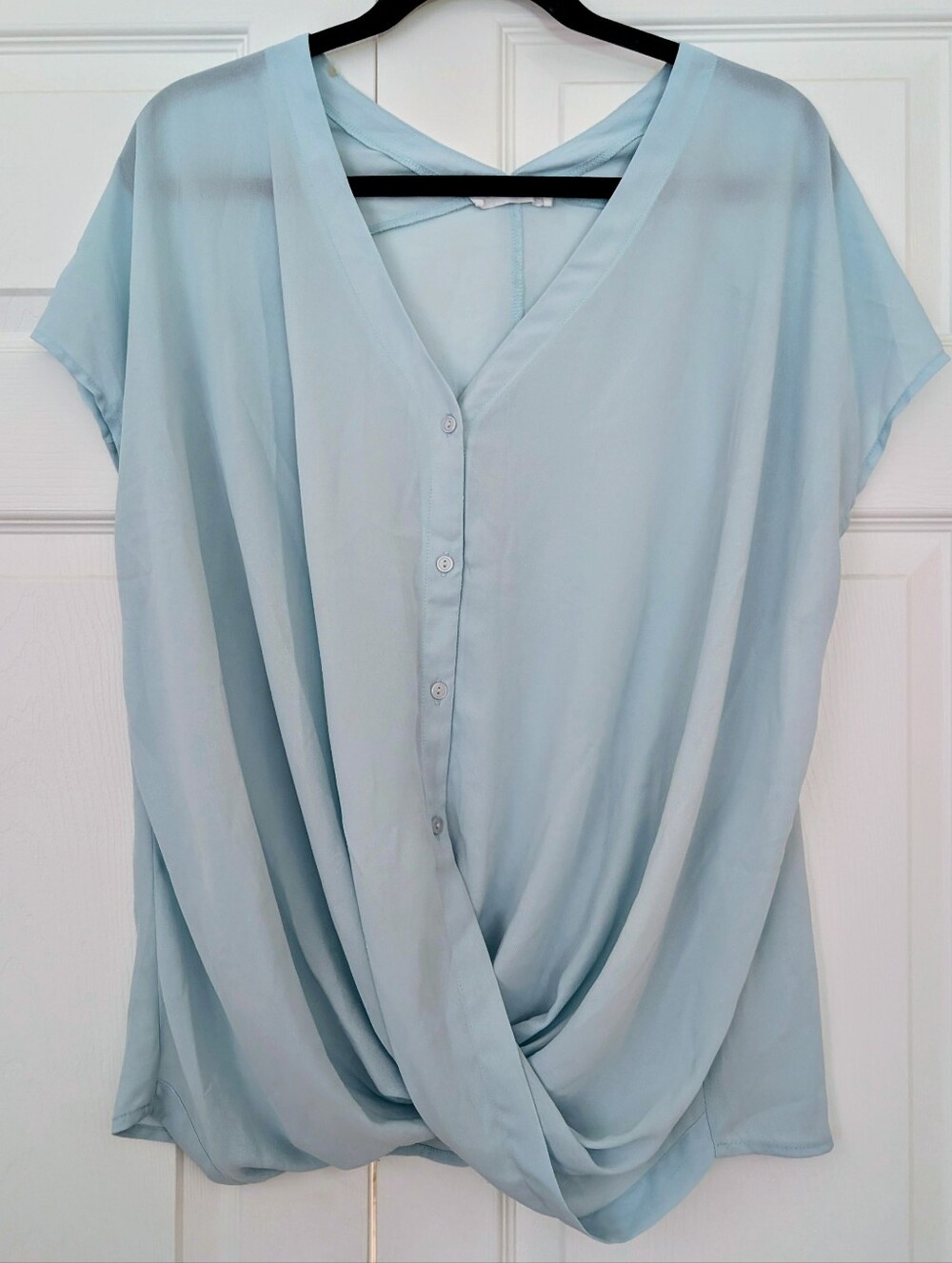 Lush Pale Blue V-Neck Draped Twist-Front Blouse